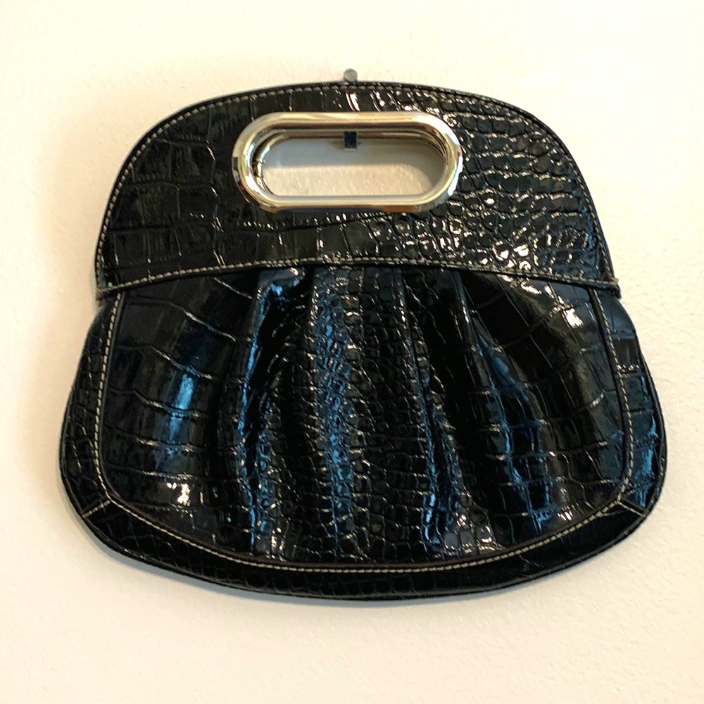 Nine West Faux Croc Clutch Purse Black Vegan Leather Embossed Small Bag